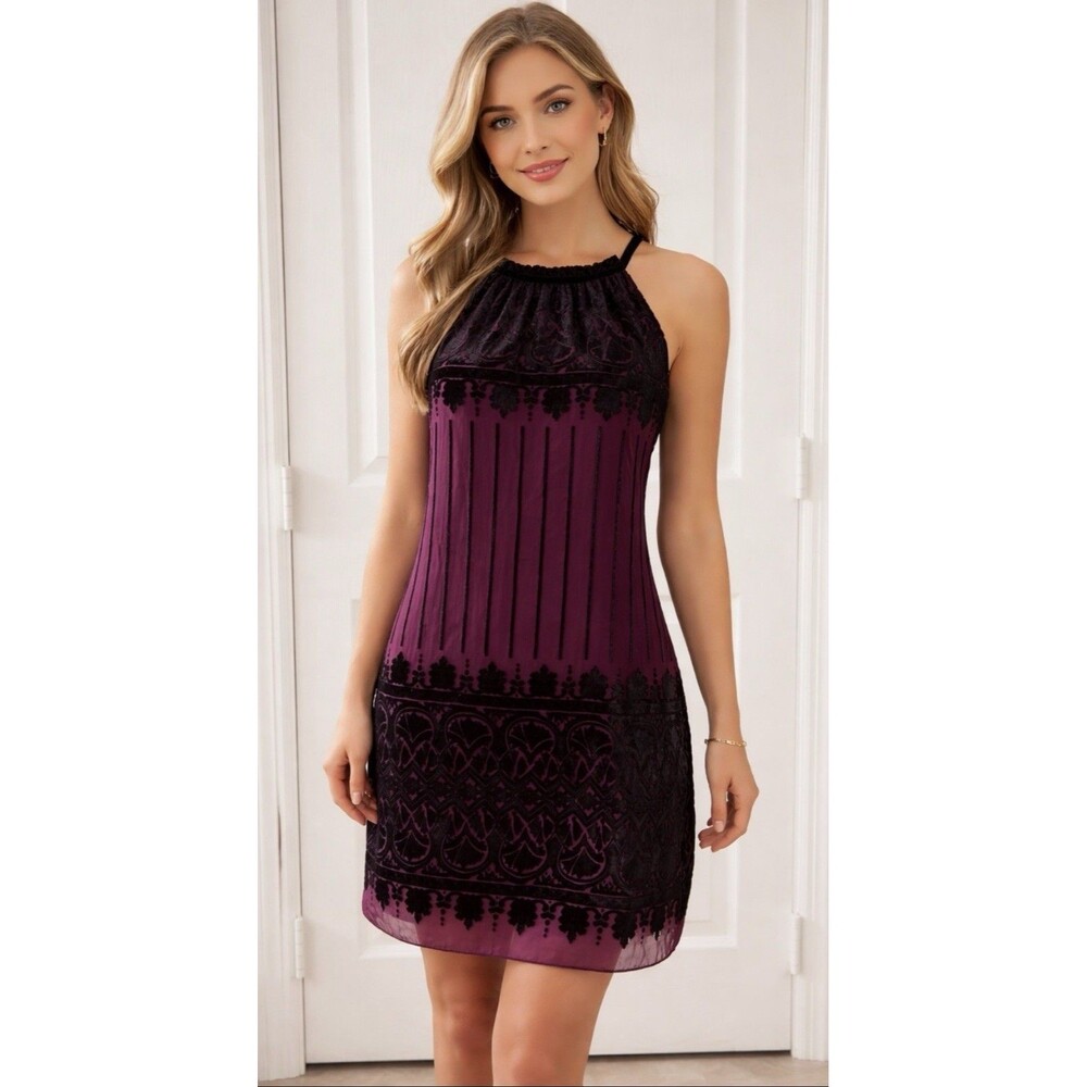 NWT Max Studio Halter Dress Purple Plum Black Velvet Burnout Size M Fairy Whimsy